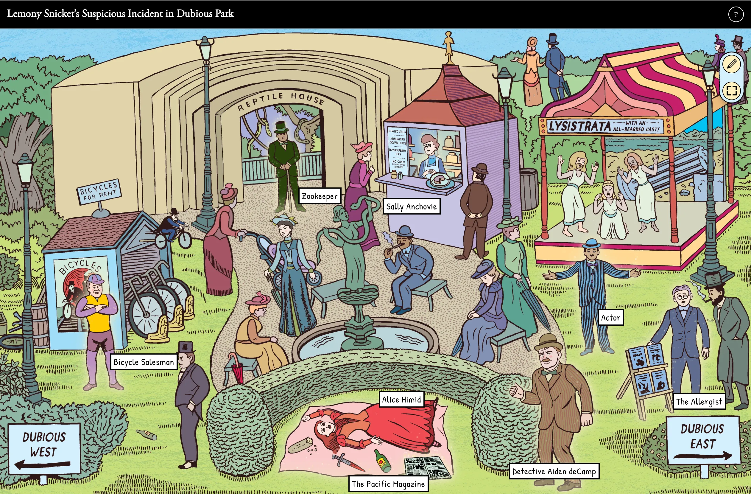 The scene of the crime in Dubious Park: a park full of suspects, from the Zookeeper at the Reptile House to Detective Aiden deCamp standing over the victim